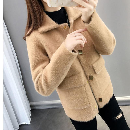 Thick and Elegant Noble Knitted Women's Sweater Winter Korean Fashion Trendy Women's Short Jacket Mink Velvet Loose Cardigan Women's Jacket