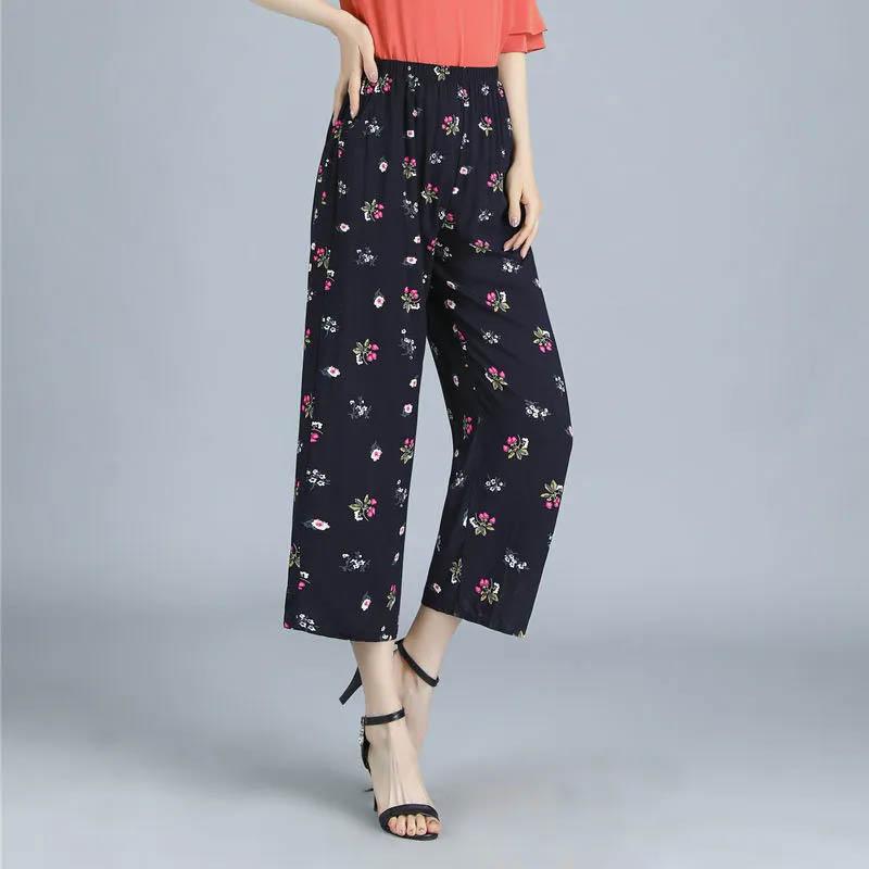 Women's Pants Summer Thin Cotton Silk Nine-point Pants Elastic Waist Casual Straight Eight-point Pants Comfortable Loose Breathable Trousers