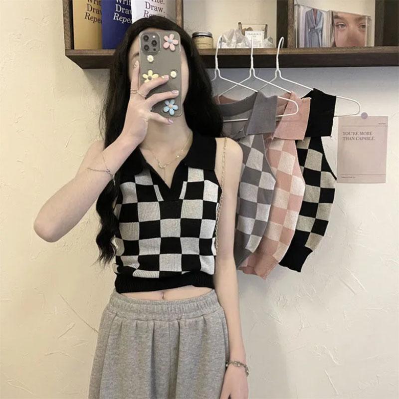 Short Checkerboard Slim Ice Silk Knitted Vest for Women with A Sense of Niche Outside Wearing Polo Collar Sleeveless Top