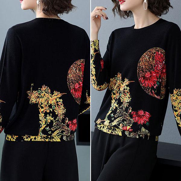 Women's High-end Cashmere Sweater Vintage Ethnic Printed Woollen Sweater  Knit Bottoming Sweater Autumn Winter Plus Size Loose Jumper