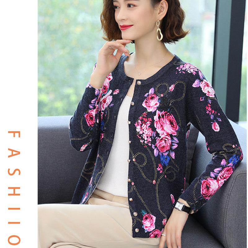 Autumn Casual Knit Cardigan Women Long Sleeve O-Neck Knit Top Soft  Plus Size Woolen Sweater Fashion Flower Print Cashmere Sweater