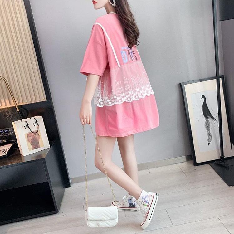 Lace Veil Women Dress Girl Loose O-Neck Loose Short Sleeve Casual Long T-shirt Dress