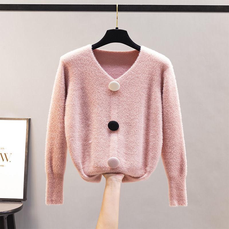 Imitation Mink Sweater Women V-neck Furry Knit Sweater Coat Autumn and Winter Knitted Jumper Top