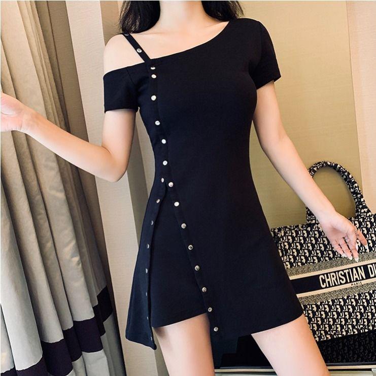 Summer Off-the-shoulder Suspender Skirt Irregular Metal Buckle Slim Solid Color Niche Dress Women's Summer