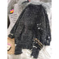 Beads Tassel Knitwear Women Loose Bling Silk Crew Neck Irregular Hem Pullover Sweater Dress