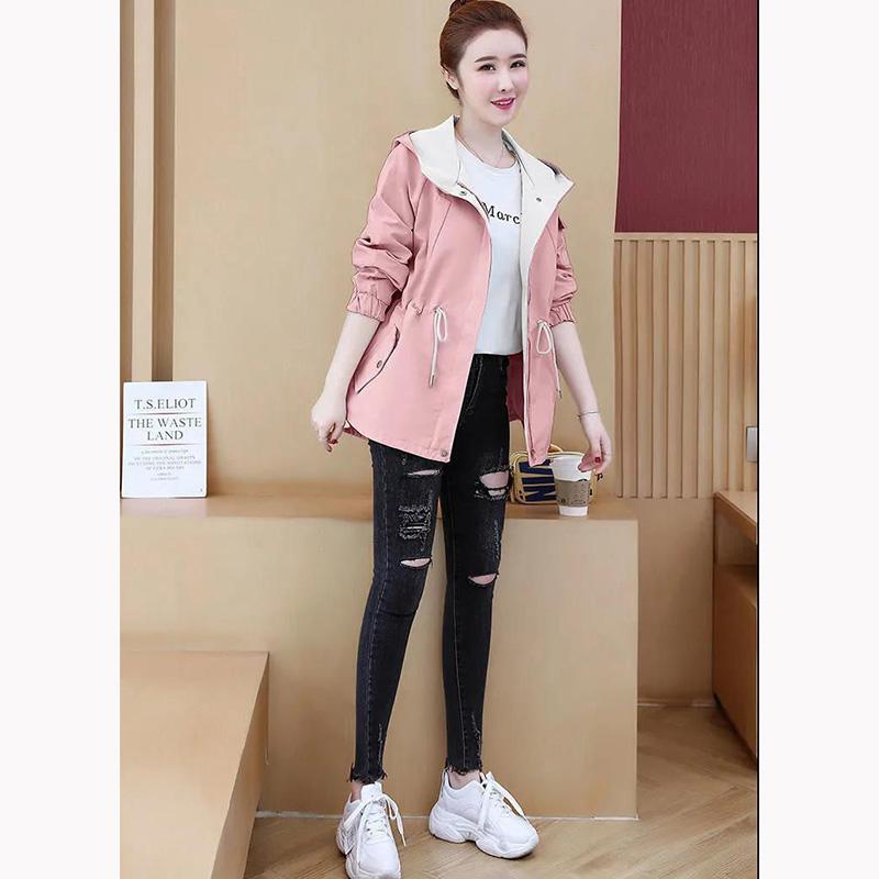 Spring Hooded Windbreaker Coat Women's Mid-length Waist Tightening Korean Style All-match Loose Thin Coat Jacket