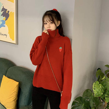 Winter Long-sleeved Loose Strawberry Embroidered Turtleneck Sweet Girl Was Thin Sweater