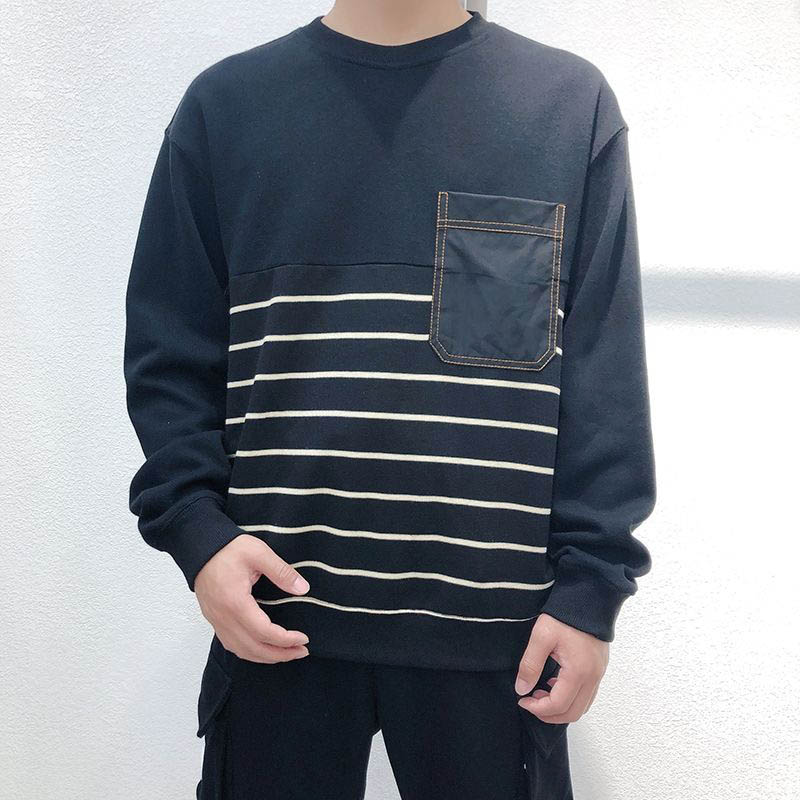 Spring and Autumn Men's Black Striped Color Matching Sweater Round Neck Loose Large Size All-match Casual Pullover Simple Sweater