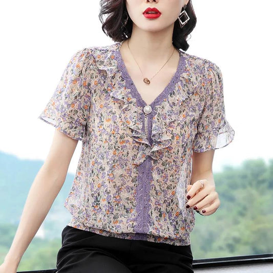 Women's Summer Print Loose Top Round Neck Versatile Chiffon Short Sleeves