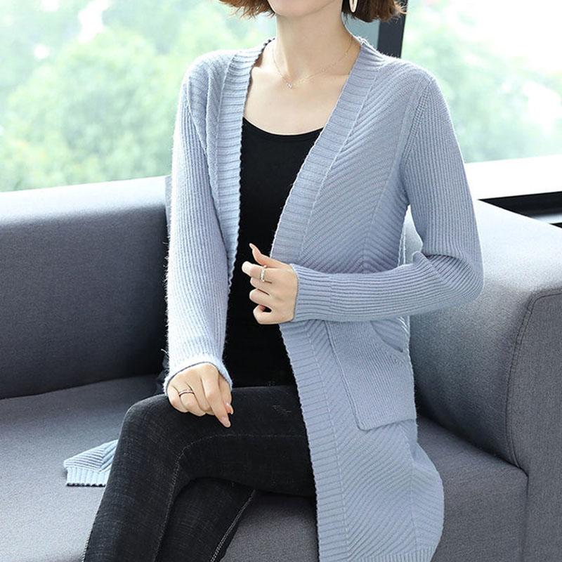 Autumn and Winter Wool Cardigan Sweater Large Size Medium and Long Loose Jacket Pure Color Simple Middle-aged Ladies Jacket