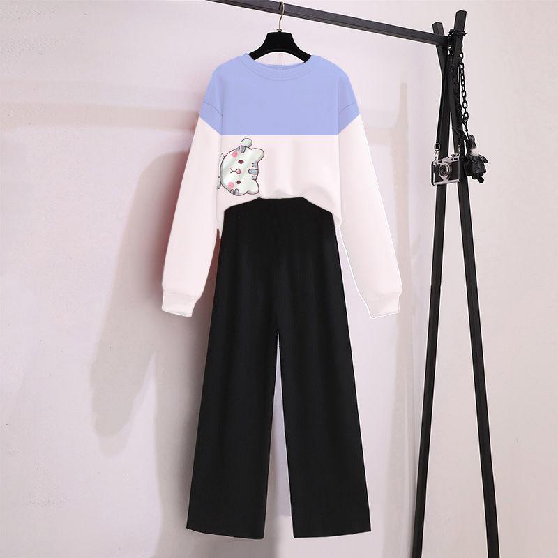 Two-piece Loose Hoodie Wide Leg Pants Casual Suit Women's Round Neck Long-sleeved Shirt + Loose Pants Casual and Comfortable