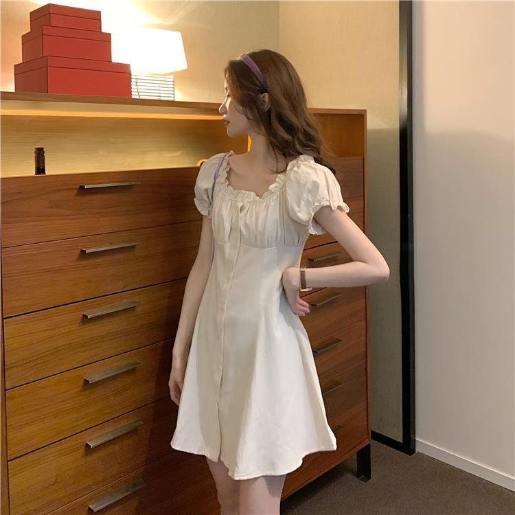 Little Lady Simple Solid Elegant Dress Vintage Square Collar Large Size Slim Graceful Party Dress