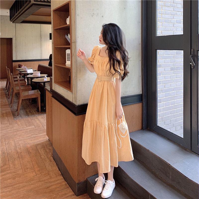 Women's French Retro Style Orange Dress with Puff Sleeves Square Collar Waist Waist Slim Dress