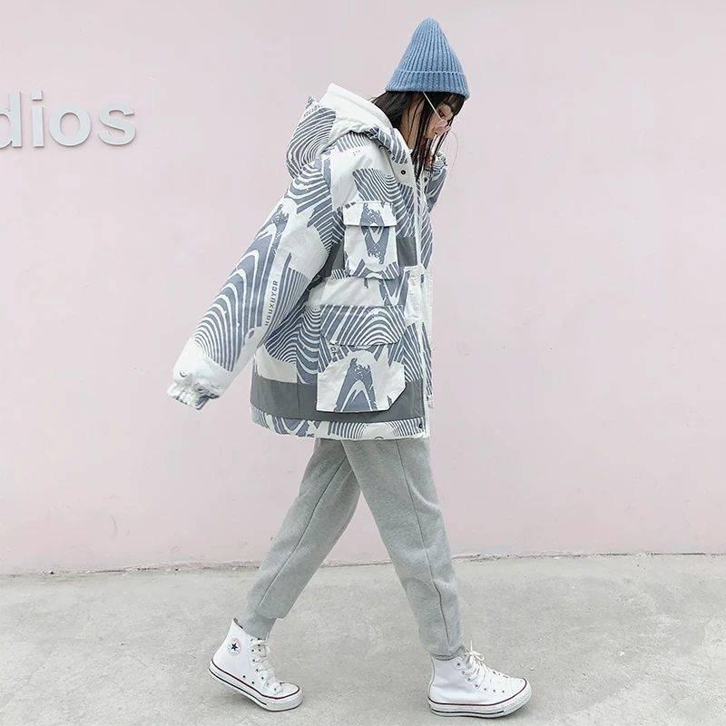 Winter Ladies Parka Coat Fashion Print Hooded Short Cotton Padded Parka Jacket