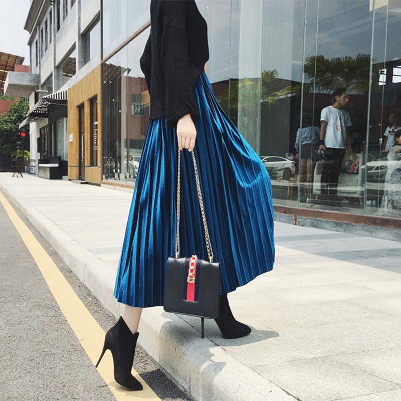 Velvet Pleated Skirt Women's High-waisted Skirts Mid-length Thin Long Skirts Temperament A-line Skirts Elastic Waist