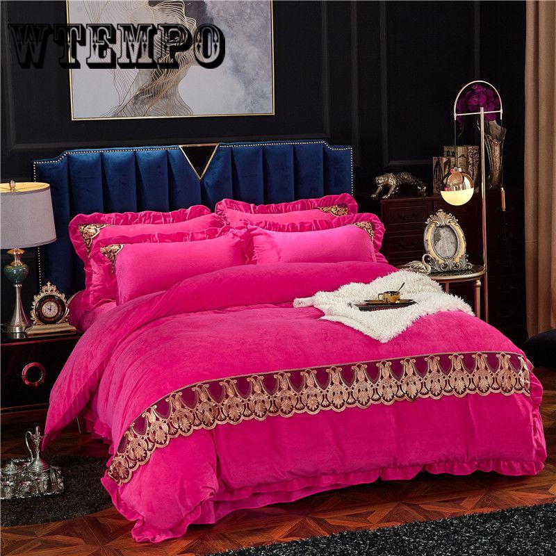 Bedding Set 4pcs/set Lace Duvet Cover Flat Sheet Pillowcase Flannel Winter Warm Bed Linen