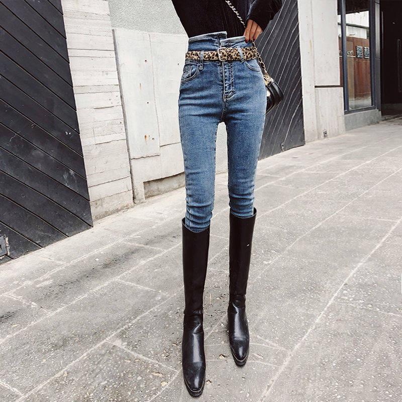 WTEMPO High-waist Personality Jeans Women Slim Feet Pants Trousers Spring Pencil Pants Leopard Print Belt