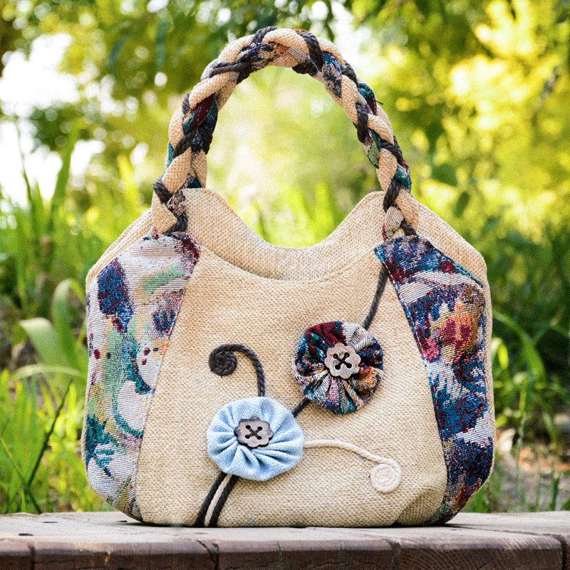 Middle Aged Women Handbag Casual Daily Shopper Ethnic Style  Anvas Cotton and Linen Woven Flower Print Pattern