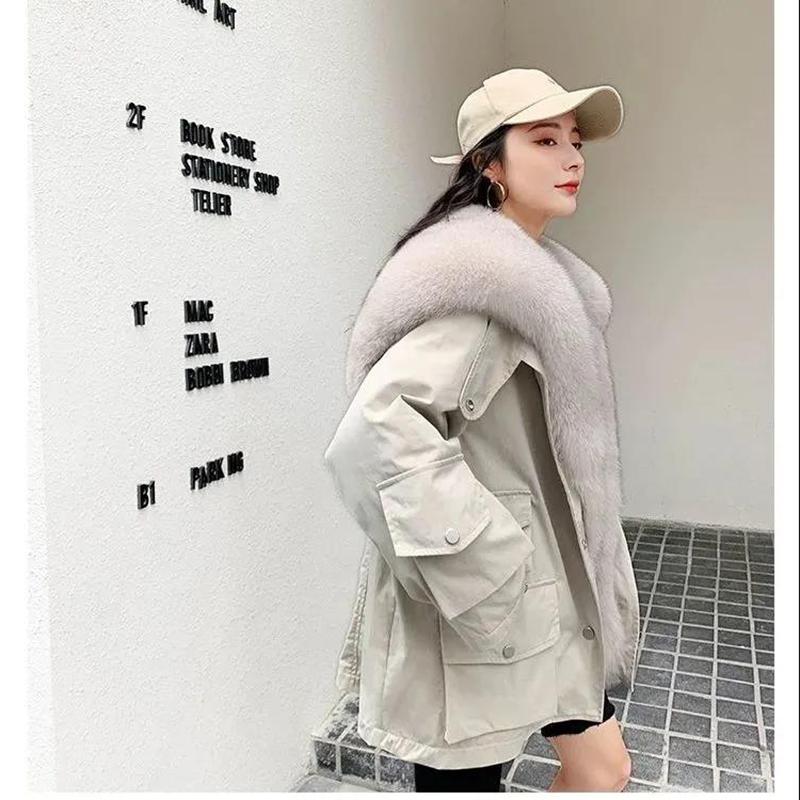 Parker Overcome Women's Detachable Imitation Fox Large Fur Collar Plush Liner Short Faux Fur Jacket Women's Warm Loose Large Size Cotton Jacket