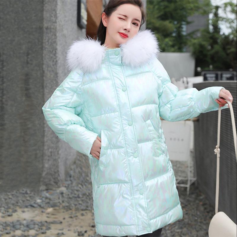 Women's Bright Face Hooded Down Jacket Mid-length Korean Loose Thick Coat Warm Cotton Coat Large Wool Collar Winter Quilted Coat