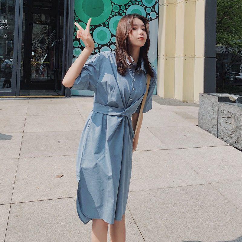 Women T-shirt Dress with Belt Loose Turn-down Collar Casual Loose Big Pocket Short Sleeve Buttons Dress Irregular Split Fork