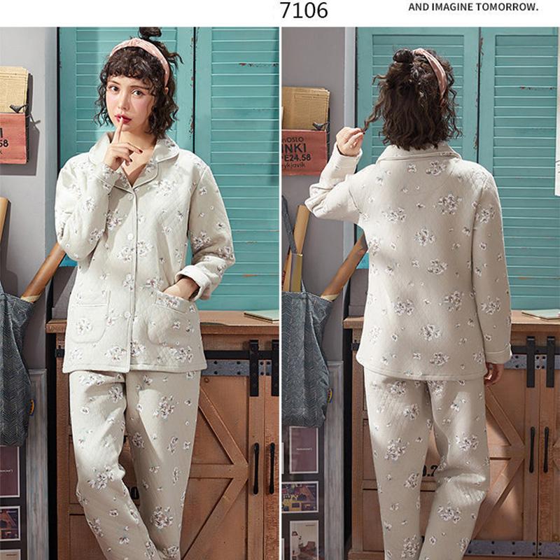 Pajamas Set Laminated Cotton Pajamas Women's Thin Quilted Thickened Large Size Air Cotton Warm Pajamas Home Service Suits Are Soft and Warm
