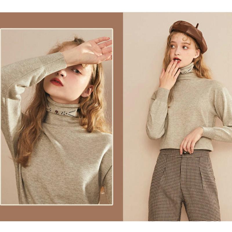 Cute Emoji Sweater Embroidery Female Pile Pile Sweater Solid Color Autumn and Winter