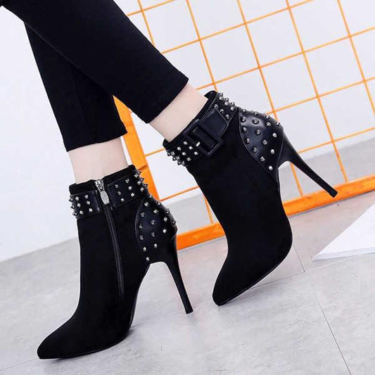 Autumn Winter Boots Women's Shoes Pointed High-heeled Women's Boots Suede Rivets Stiletto Boots