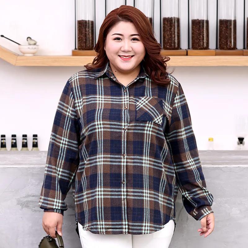 Large Size 150kg Wearable Pink Plaid Shirt Women Loose Brushed Shirt Casual Lapel Long Sleeve blouses