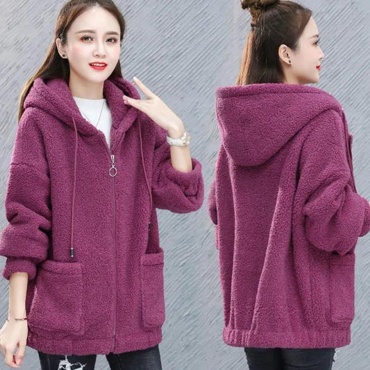 Women's Autumn and Winter Loose Cashmere Zipper Cardigan Solid Color Thickened Lamb Wool Hooded Coats