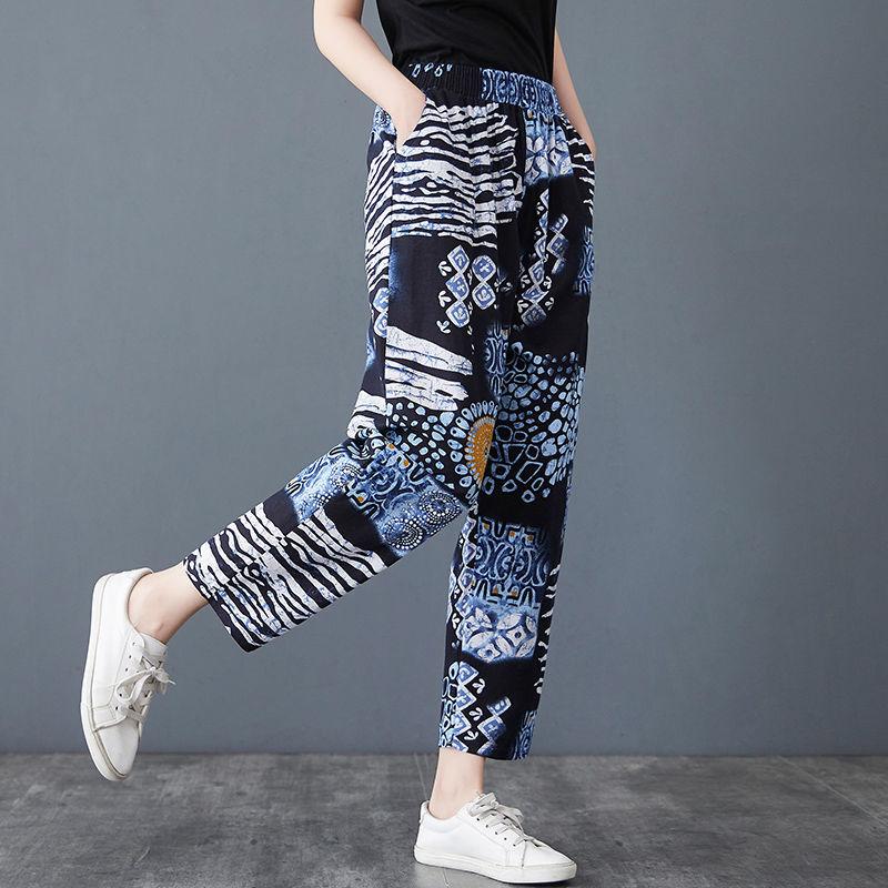 Summer Cotton Retro Print Ethnic Casual Pants Cropped Pants Plus Size All-match Harem Pants Thin Women's Pants