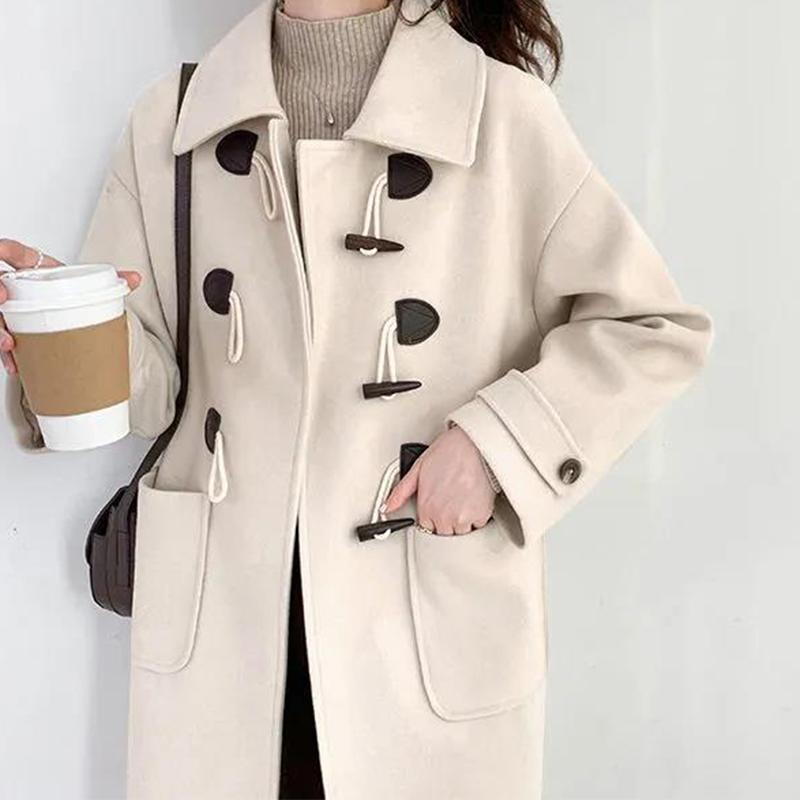 Retro Horn Button Woolen Coat Women's Mid-length 2021 Autumn and Winter Korean Style Thick Woolen Coat