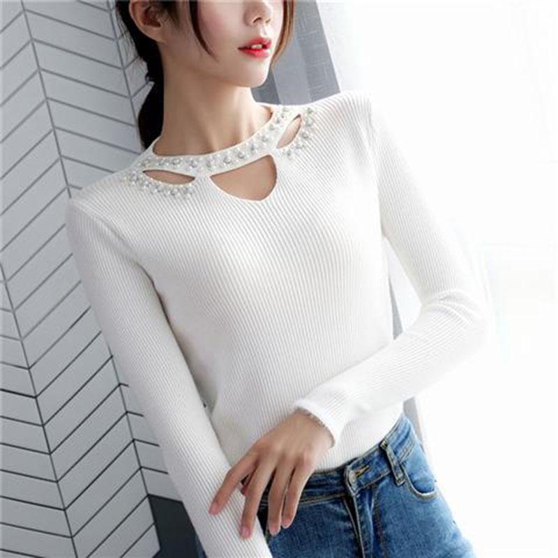 Pofulove Women hollow Pearl Beaded O-Neck Sweater Long Sleeve Slim Knit Pullover Sweater for Winter