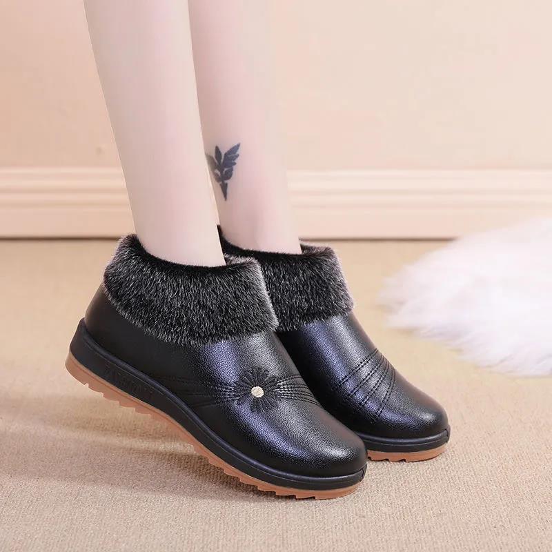Plus Velvet Thick Warm Cotton Shoes In Winter Comfortable Soft Sole Women's Comfortable Flat Leather Shoes