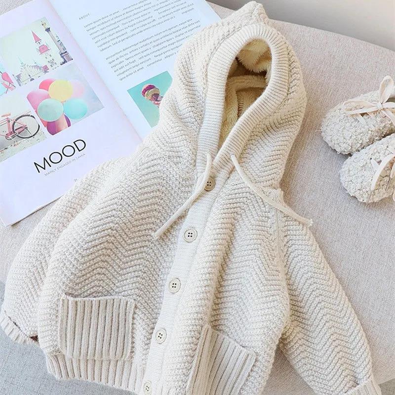 Autumn and Winter Boys' and Girls' Thickened Hooded Lamb Cashmere Sweater Coat Girl Baby Cardigan