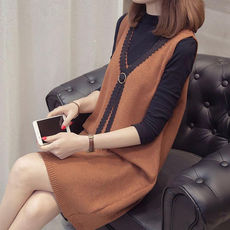 Autumn and Winter Lace Vest Dress Loose Sleeveless Long Vest Fashion Casual Women's Strap Skirt