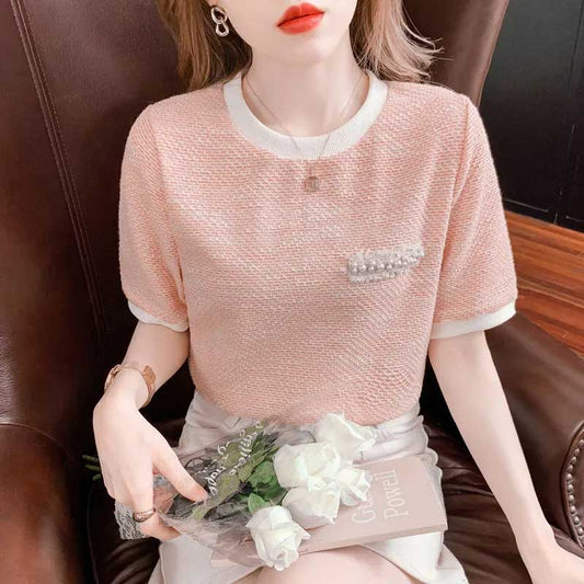 Summer Ice Silk Knitted Short-sleeved T-shirt Women's Summer Dress Small Fragrance Front Shoulder Top Design Trendy