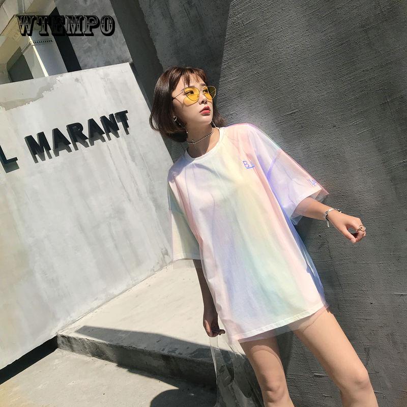 Women's  Fashion Loose Bf Trend Large Mesh Stitching Fake Two Pieces T-shirt Summer