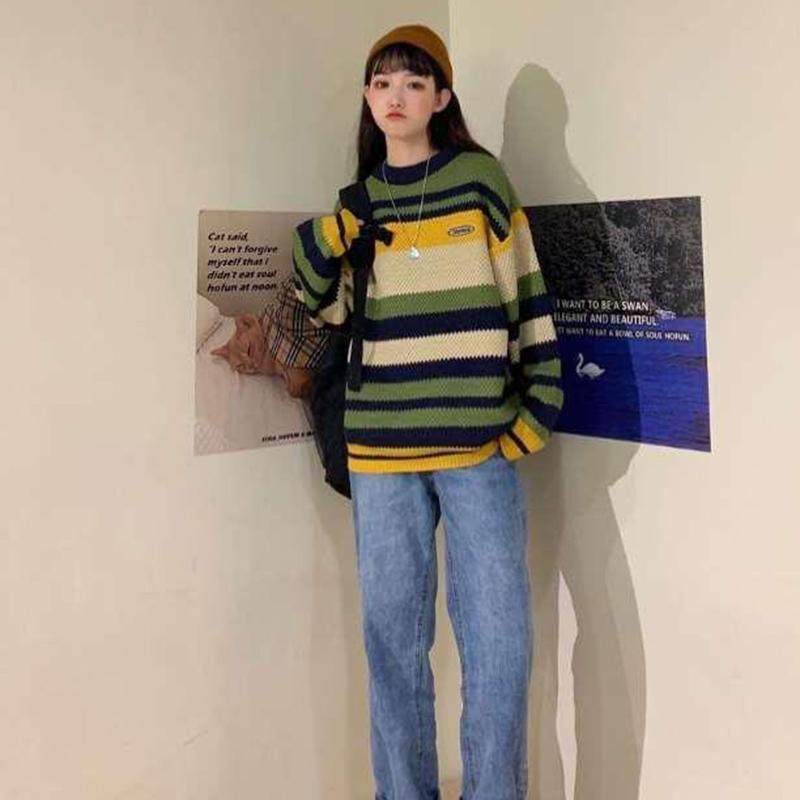 Autumn  Winter Retro Casual Color Striped Sweater Female Student Loose Fashion Round Neck Long Sleeve Sweater Coat