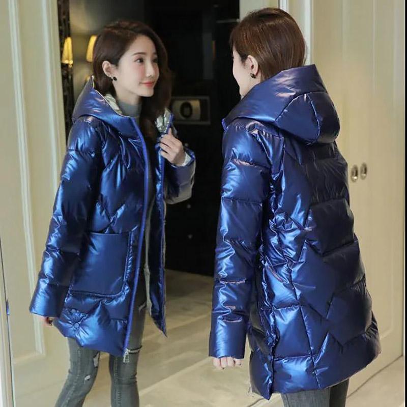 Winter Glossy Down Jacket Korean Thick Hooded Cotton Jacket Solid Color Disposable Mid-length Ladies Down Jacket