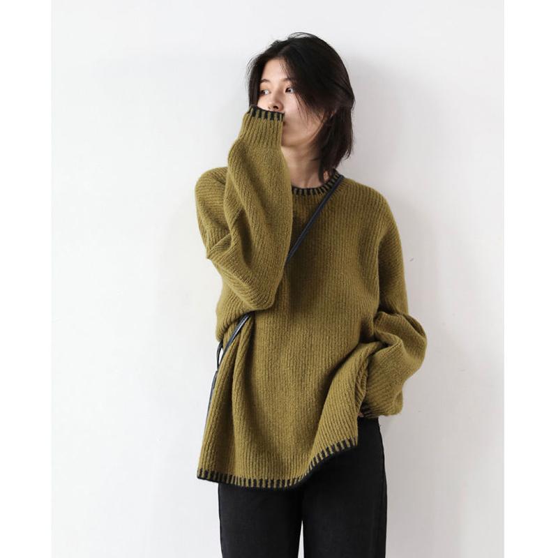 Large Size Knitted Sweater Women Autumn and Winter Loose and Lazy Retro Hit Color Pullover Round Neck Sweater