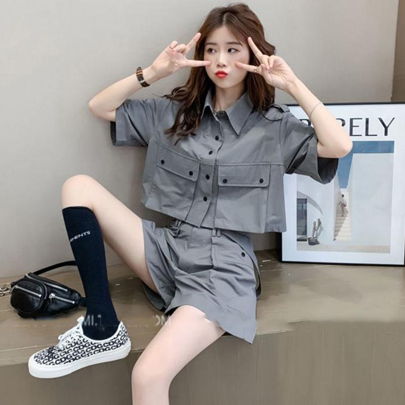 Two-piece Suit Women's Summer Casual Fashion Loose Tooling Korean Wide-leg Pants Suit Solid Color Top and Shorts
