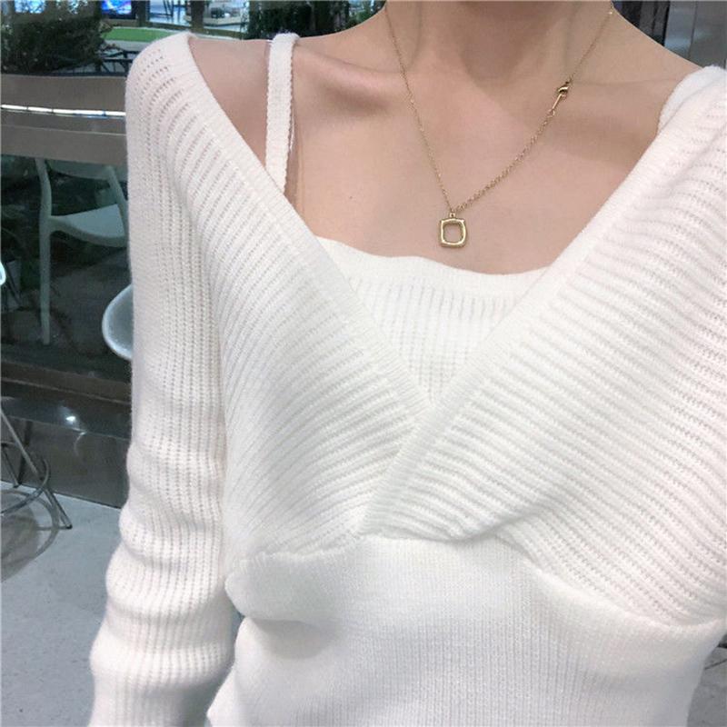 Design Sense French Niche Waist Sleeves Are Thin, Fake Two-piece Clavicle Strapless Large Size Long-sleeved Sweater Women's Blouse