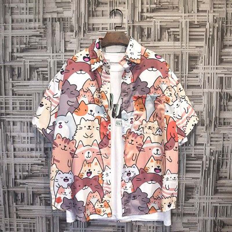 Summer Simple Semi-short-sleeved Floral Shirt Men's Beach Loose Plus Size Blouse