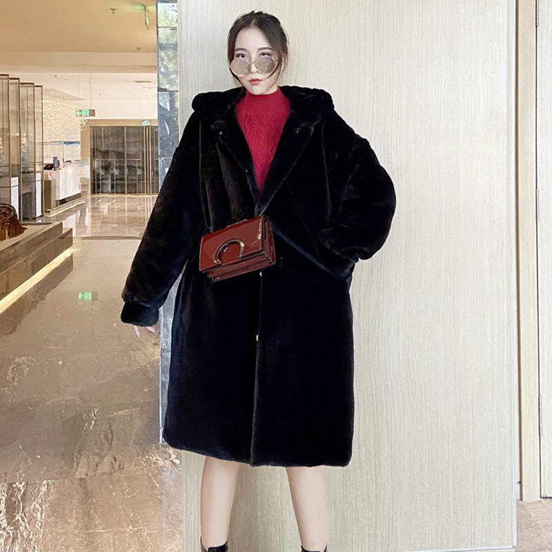 Oversized Winter Warm Hooded Large Size Long Solid Color Faux Fur Coat Casual Long Sleeve Women Fur Jacket Outwear