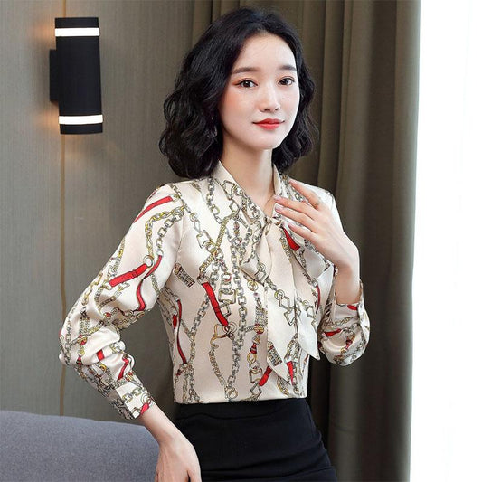 Floral Print Chiffon Long-sleeved Shirt Women's Bow Tie Shirt Commuter Shirt Temperament