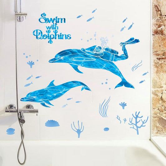 Dolphin Bathroom Bedroom Underwater World Wall Glass Decoration Green Removable Wall Sticker