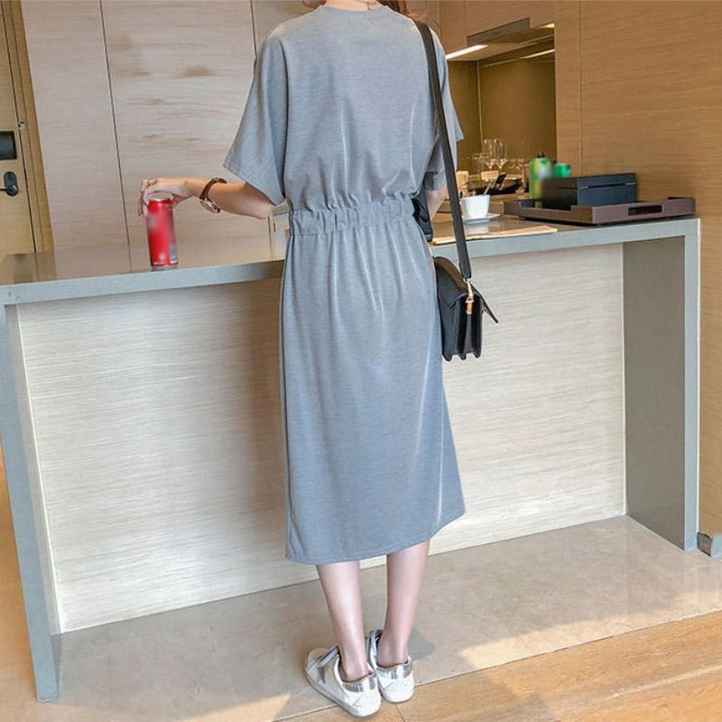 Dress Women's Spring Summer Long Loose Large Size T-shirt Skirt Bandage Waist Slimming Over-the-knee Dress