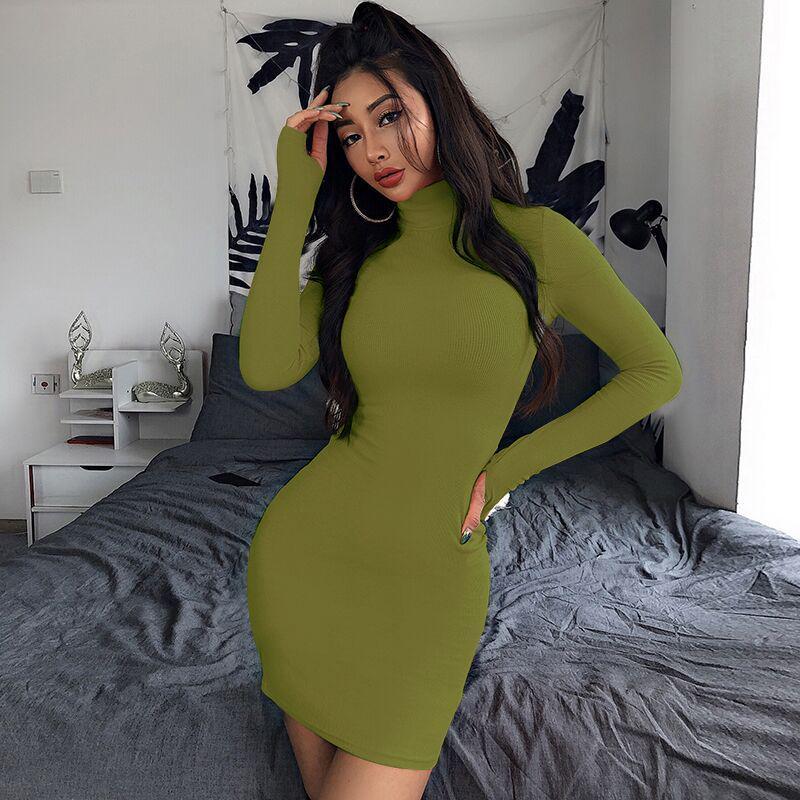 Pofulove Pure Knit Temperament Fan Half Turtleneck Long Sleeve Slim Sexy Wild Package Hip Skirt