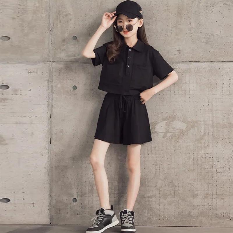 Girls' Sports Suit Summer Net Celebrity Foreign Atmosphere Big Boy Short-sleeved T-shirt Casual Shorts Two-piece Suit